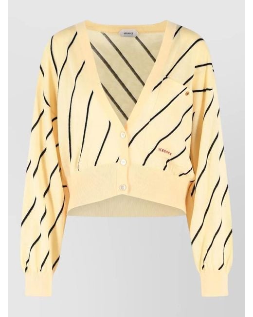 Versace Metallic Wool Cardigan Cropped Striped Front Pockets