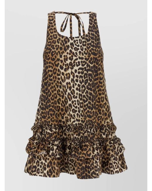Ganni Natural Organic Cotton Leopard Ruffled Square Neck Mini Dress