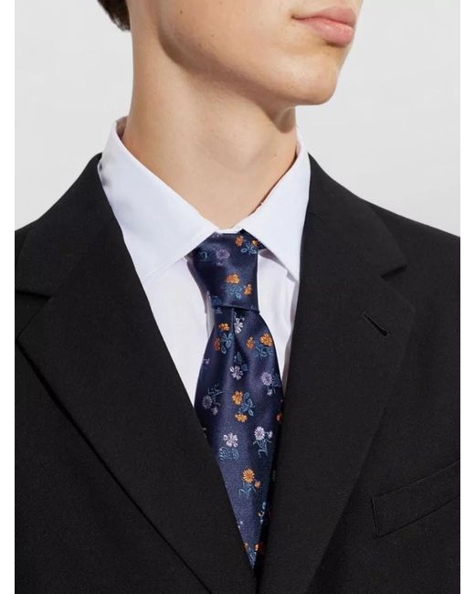 Dries Van Noten Blue Slim Tie Floral Embroidery Design for men
