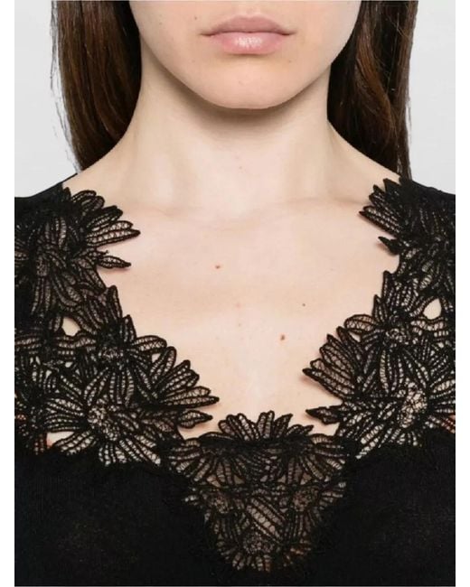Ermanno Scervino Black Knit Top Lace Detail Ribbed Hem Neckline