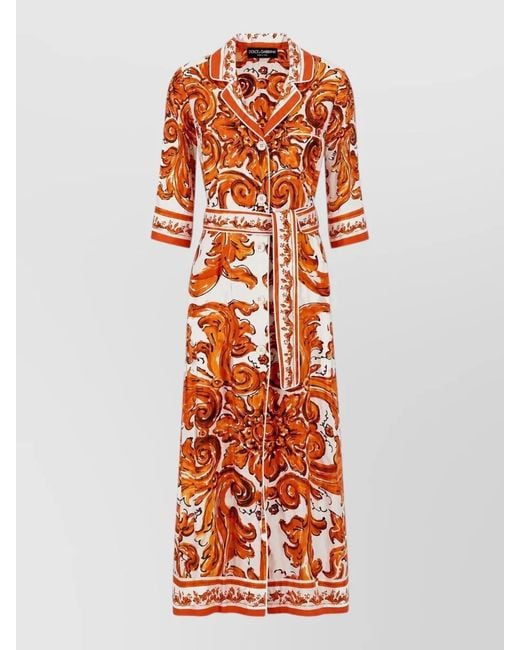 Dolce & Gabbana Orange Printed Dress Belted Waist Three Quarter Sleeves