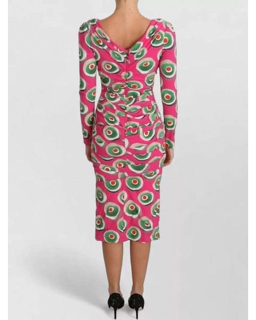 Dolce & Gabbana Red Silk Printed V-Neck Long-Sleeve Midi Dress