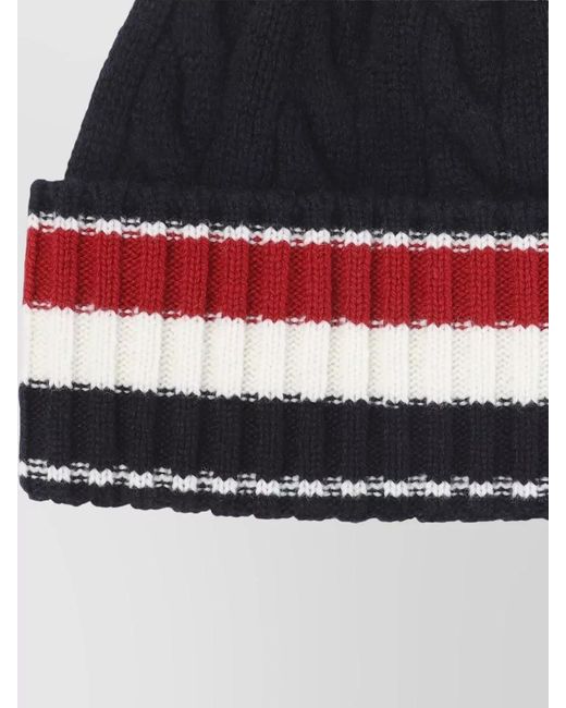 Thom Browne Blue Wool Cable Knit Beanie Striped Cuff for men