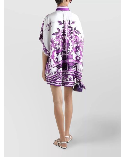 Dolce & Gabbana Purple Bat Sleeve Majolica Print Point Collar Top