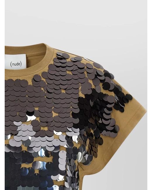 Nude Multicolor Sequin Detail T Shirt Round Neck Back Slit