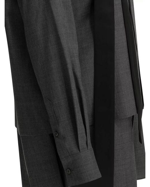 Sacai Gray Wool Shirtdress Chest Pocket Tie Detail