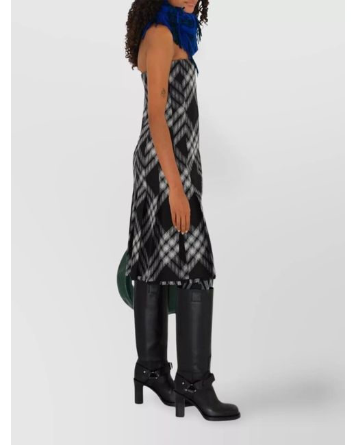 Burberry Gray Wool Check Off-The-Shoulder Mini Dress