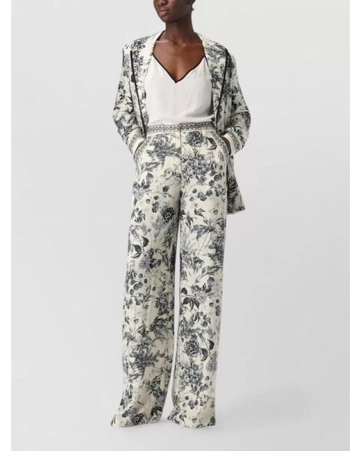 SIMONA CORSELLINI White High Waist Trousers Contrasting Waistband Floral Pattern