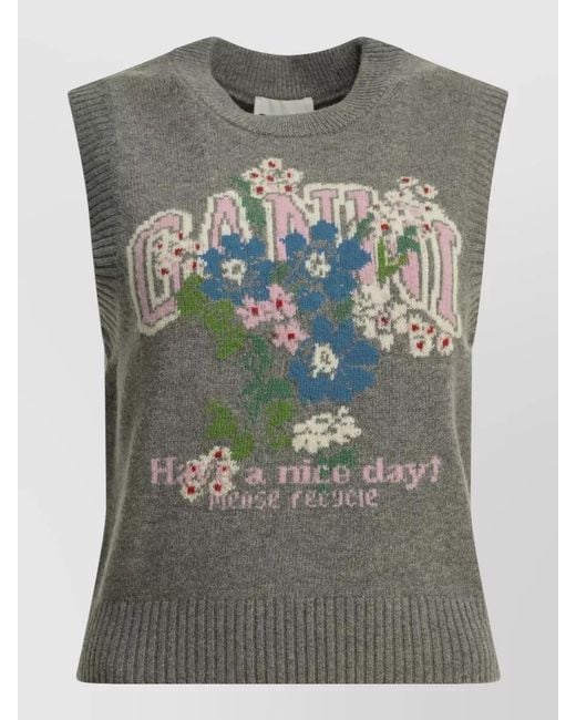 Ganni Gray Floral Graphic Crew Neck Sleeveless Vest