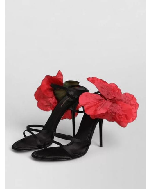 Dolce & Gabbana Red Leather Strappy Flower Heel Sandals Shoes