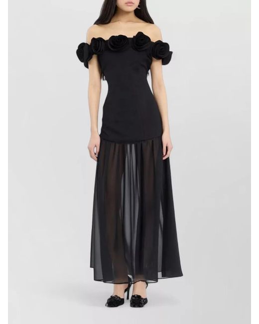 ROTATE BIRGER CHRISTENSEN Black Maxi Dress Off Shoulder Floral Appliqués Sheer