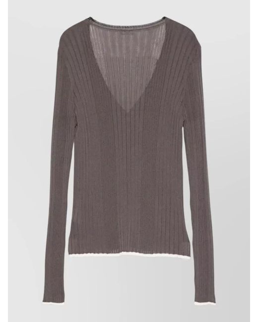 Roberto Collina Gray V Neck Cardigan Ribbed Knit Contrast Trims