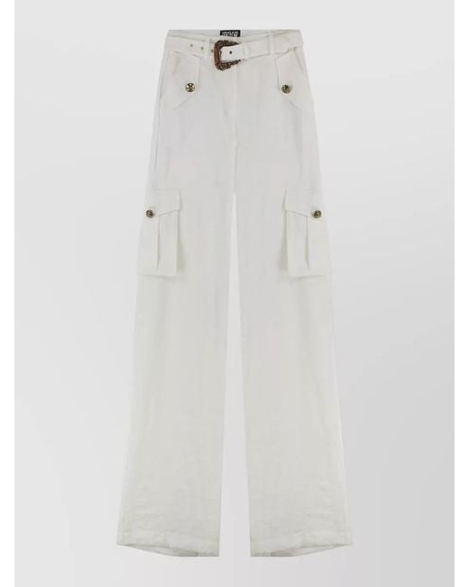 Versace Jeans Couture White Wide Leg Cargo Pants Belt Buttons