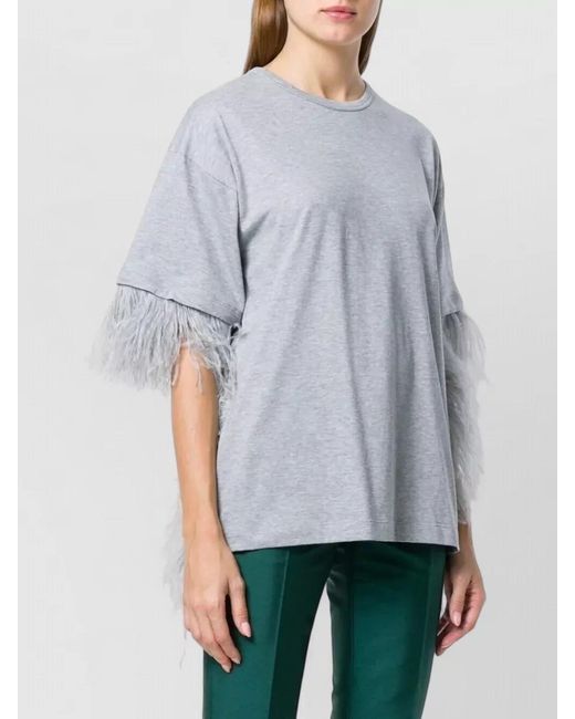 N°21 White Jersey T Shirt Feather Trim Round Neck