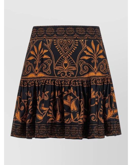 Farm Rio Brown High Waist Skirt Floral Embroidery Ruffled Hem