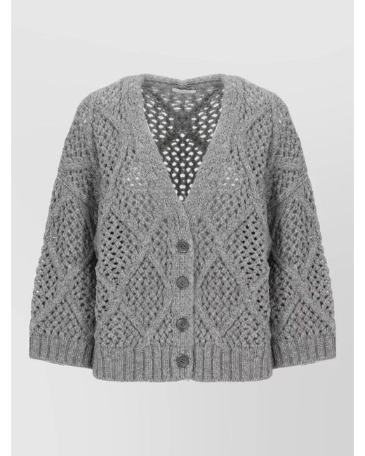 Peserico Gray Wool Perforated V-Neck Long-Sleeve Cardigan
