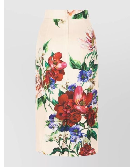 Dolce & Gabbana White Floral-Print Satin High-Rise Midi Pencil Skirt