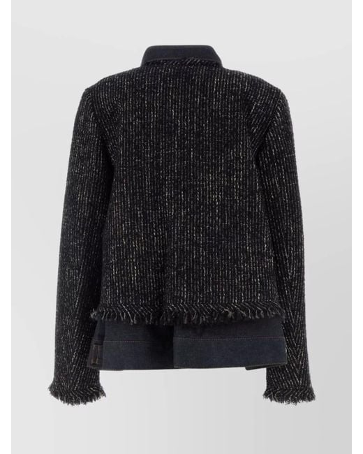 Sacai Black Denim Jacket Featuring Frayed Edges And Pockets