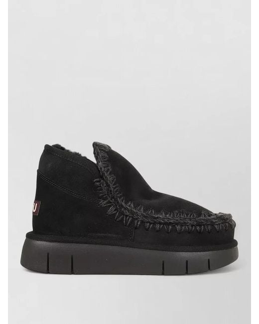 Mou Black Suede Ankle Platform Slippers Round Toe