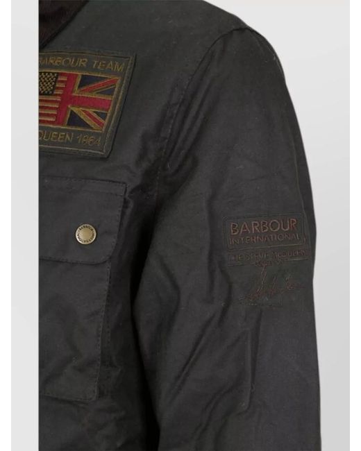 Barbour Black Jacket Ribbed Collar Embroidered Patches Pockets for men