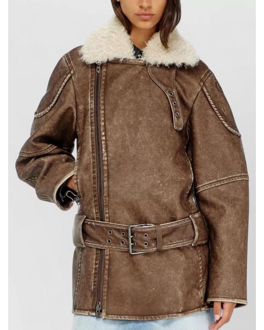 DIESEL Brown Belted Aviator Biker Jacket Removable Collar