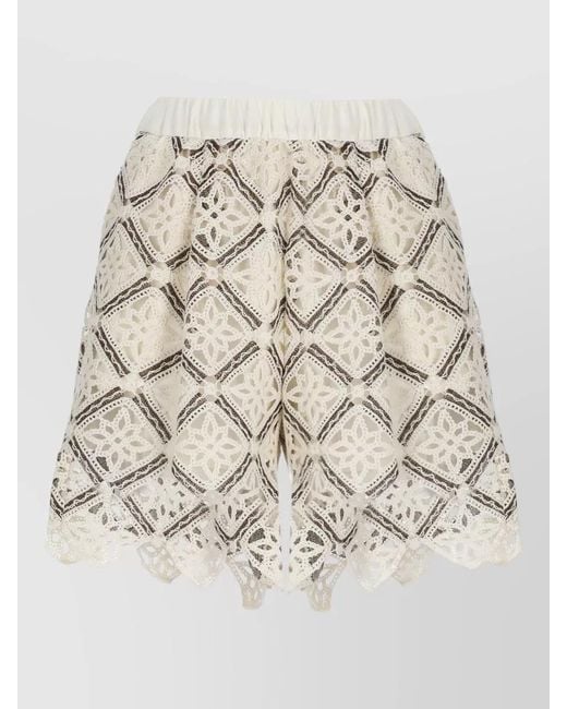Herno Natural Lace Shorts Geometric Pattern Scalloped Hem