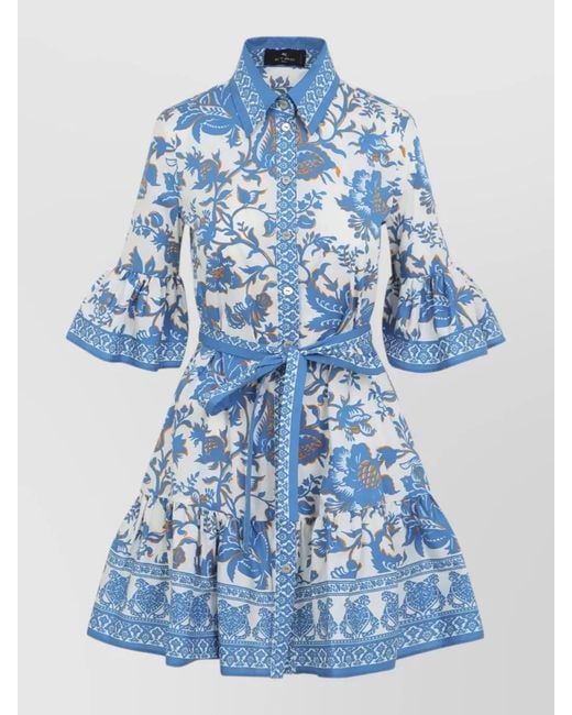 Etro Blue Belted Floral Cotton Midi Dress Shirt