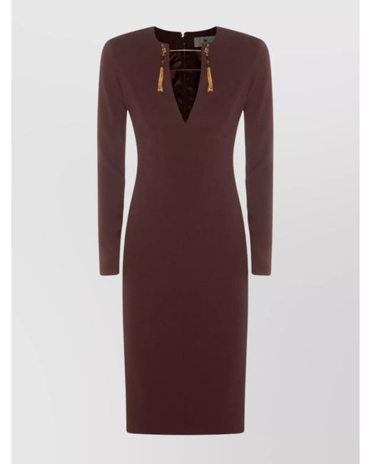 Elisabetta Franchi Purple Fitted Long Sleeve Dress With Tassel Detail