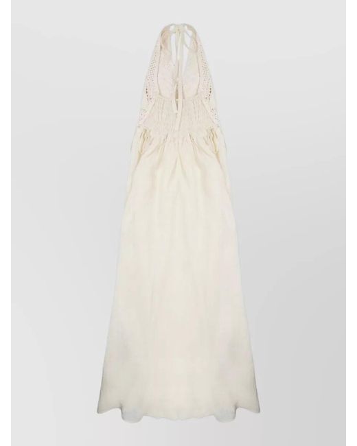 120% Lino White Linen Crochet Maxi Halterneck Open Back Dress