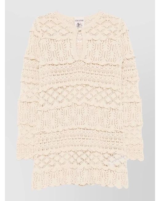 Semicouture Natural Crochet Mini Dress Keyhole Neckline Ruffles