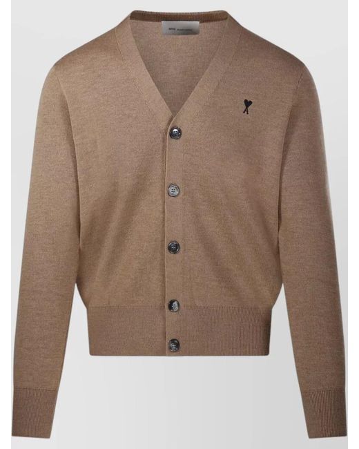 AMI Brown Merino Cardigan V Neck Ribbed Cuffs Hem for men