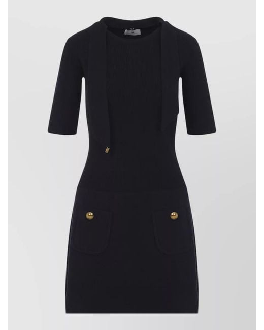 Elisabetta Franchi Black Knit Dress Scarf Detail Buttons