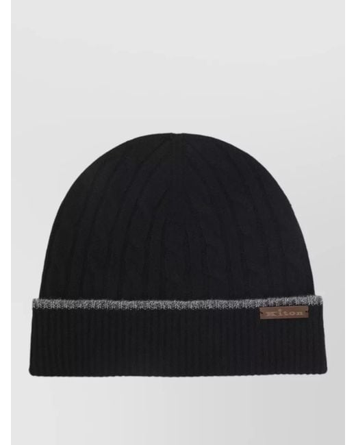 Kiton Black Cable Knit Beanie Wool Cashmere Blend for men