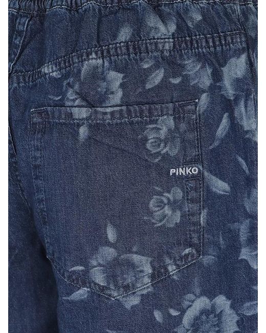 Pinko Blue Floral-Print High-Rise Wide-Leg Denim Trousers