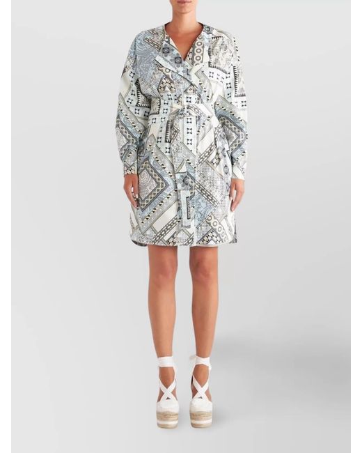 Etro Multicolor Cotton Printed Belted Long-Sleeve Knee-Length Dress