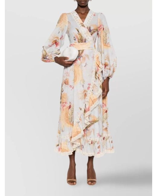 Zimmermann White Cotton Floral-Print Wrap Midi Dress