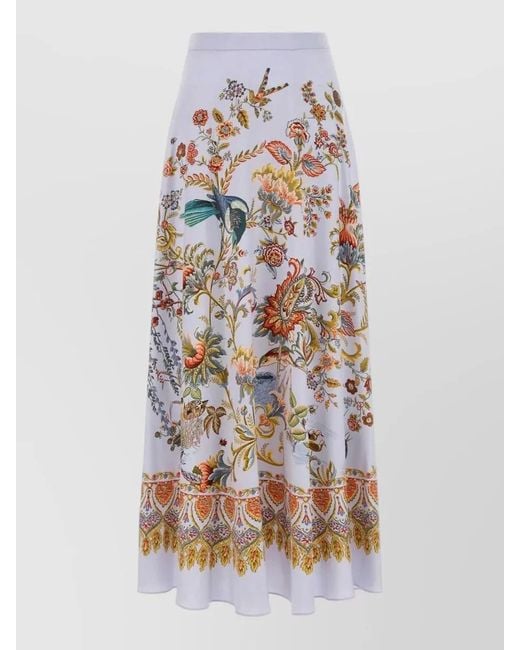 Etro White Silk Skirt Floral Print High Waist Midi