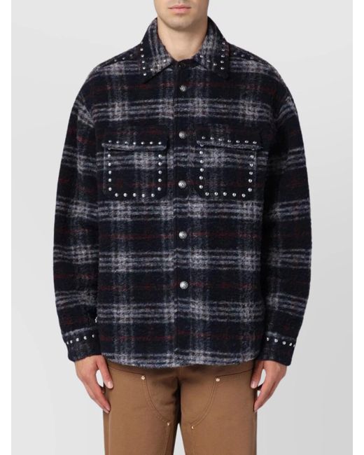 Palm Angels Blue Wool Check Shirt Studs for men