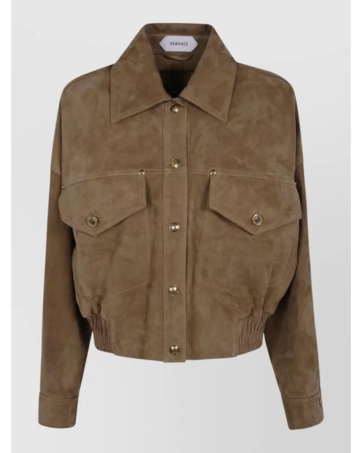 Versace Green Cropped Suede Texture Leather Blouson Jacket