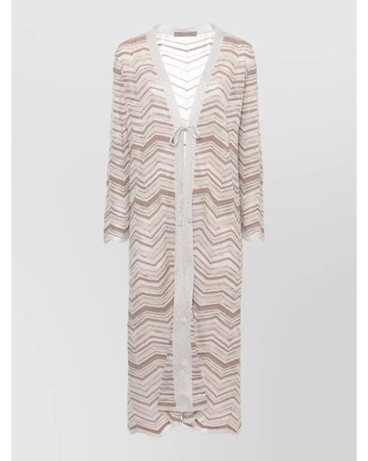 D.exterior White Long Cardigan Geometric Pattern V Neckline