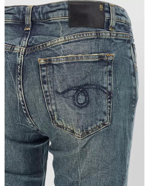 R13 Blue High Waist Flared Denim Jeans Distressed Stitching