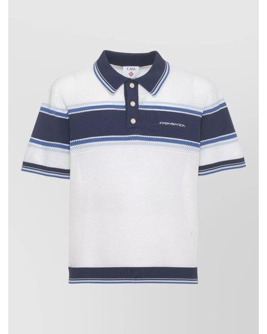 Casablanca Blue Striped Cotton Polo Shirt Short Sleeves Ribbed Trims for men