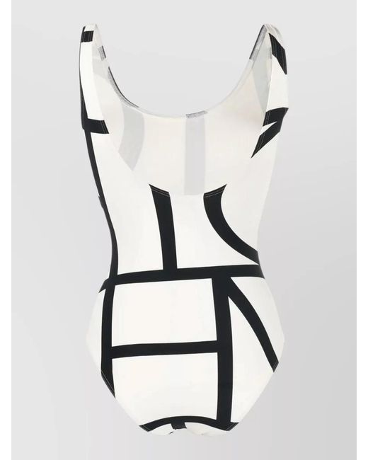 Totême White Swimsuit Geometric Pattern High Cut Scoop