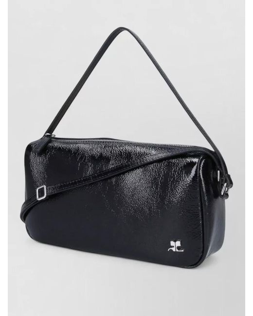 Courreges Black Rectangular Shoulder Bag Glossy Finish Strap