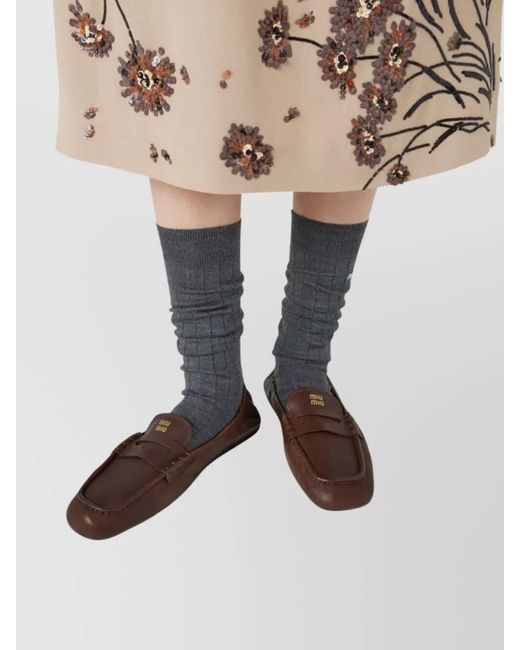 Miu Miu Brown Nappa Leather Loafers Square Toe