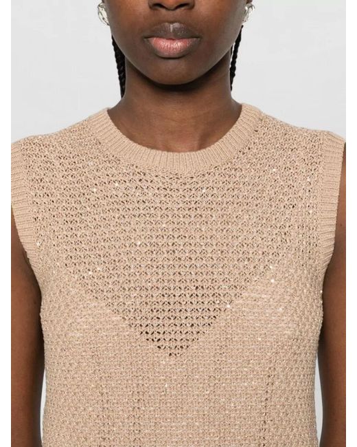 Fabiana Filippi Natural Open-Knit Sleeveless Knee-Length Dress