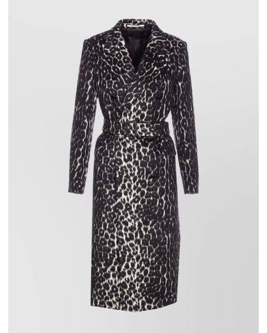 Tagliatore Black Long Leopard Print Coat With Belted Waist