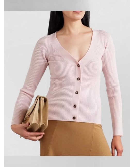 Max Mara Pink V Neck Wool Cashmere Ribbed Top