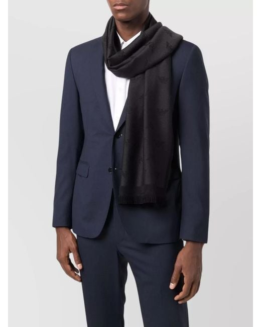 Emporio Armani Black Wool Logo-Embroidered Frayed Scarf for men