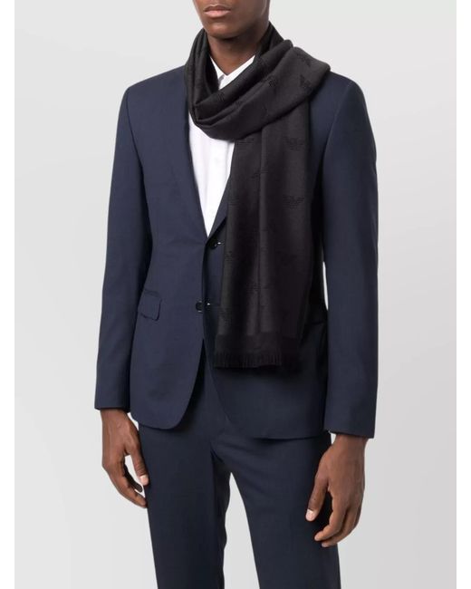 Emporio Armani Black Wool Logo Pattern Frayed Knit Scarf for men